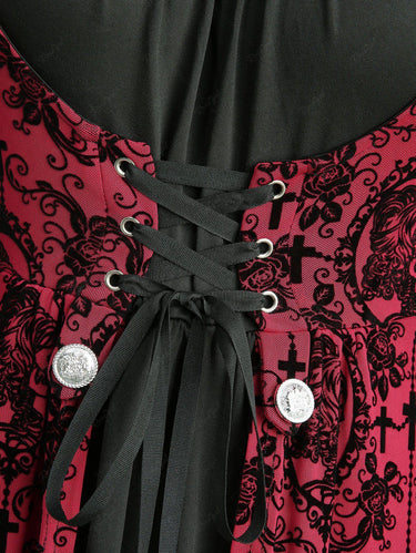 Gothic Plus Size Cold Shoulder Rose Flower Cross Flocking Lace Up 2 in 1 Dress