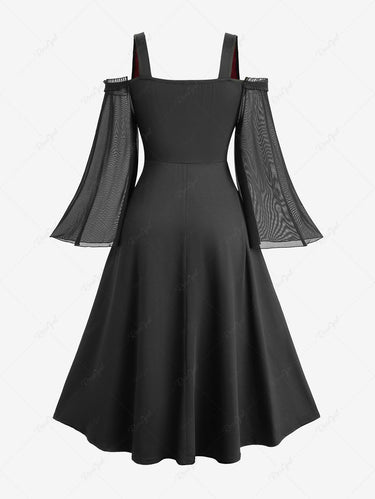 Gothic Plus Size Cold Shoulder Rose Flower Cross Flocking Lace Up 2 in 1 Dress