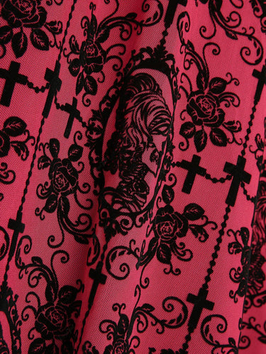 Gothic Plus Size Cold Shoulder Rose Flower Cross Flocking Lace Up 2 in 1 Dress