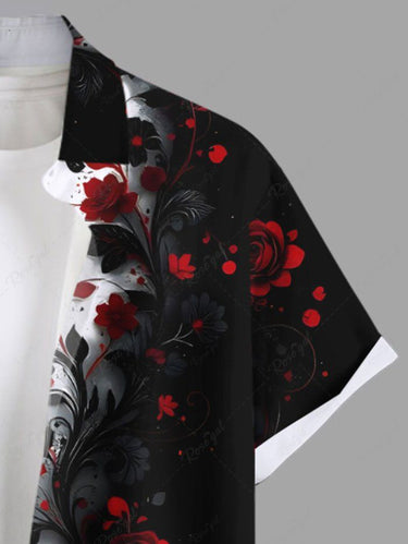 Gothic Plus Size Ink Paingting Flower Print Button Pocket Shirt For Men