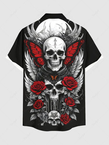 Gothic Plus Size Skull Butterfly Wing Rose Flower Print Button Pocket Shirt For Men