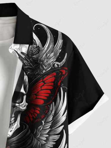 Gothic Plus Size Skull Butterfly Wing Rose Flower Print Button Pocket Shirt For Men