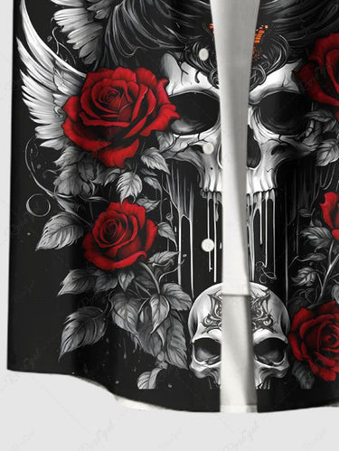 Gothic Plus Size Skull Butterfly Wing Rose Flower Print Button Pocket Shirt For Men