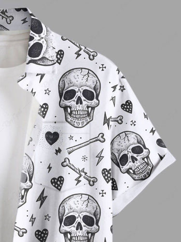 Gothic Plus Size Skull Heart Bone Print Button Pocket Shirt For Men