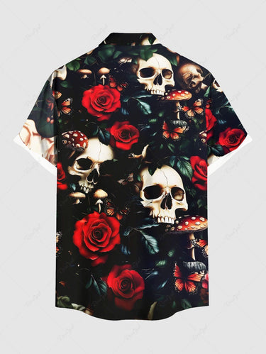 Gothic Plus Size Skull Mushroom Rose Flower Print Button Pocket Shirt For Men