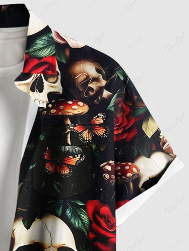 Gothic Plus Size Skull Mushroom Rose Flower Print Button Pocket Shirt For Men