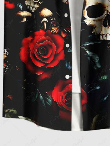 Gothic Plus Size Skull Mushroom Rose Flower Print Button Pocket Shirt For Men