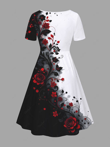 Gothic Plus Size Ink Paingting Flower Print Cinched A Line Dress
