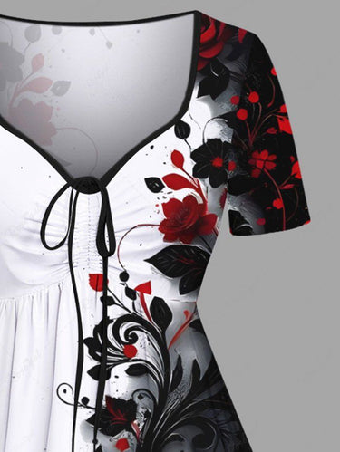 Gothic Plus Size Ink Paingting Flower Print Cinched A Line Dress