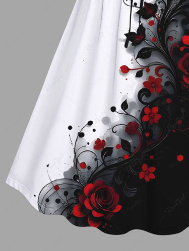 Gothic Plus Size Ink Paingting Flower Print Cinched A Line Dress