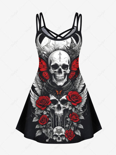 Gothic Plus Size Skull Butterfly Wing Rose Flower Printed Crisscross A Line Cami Dress