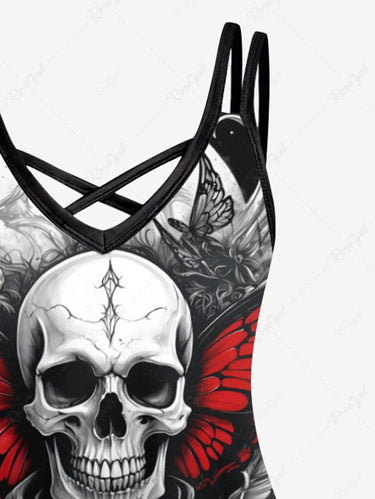 Gothic Plus Size Skull Butterfly Wing Rose Flower Printed Crisscross A Line Cami Dress