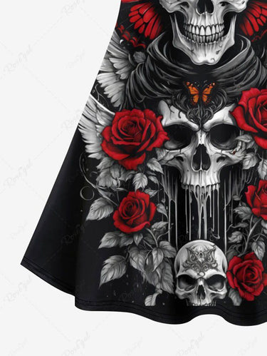 Gothic Plus Size Skull Butterfly Wing Rose Flower Printed Crisscross A Line Cami Dress
