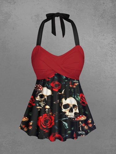 Gothic Skull Mushroom Rose Flower Print Twist Halter Backless Tankini Top