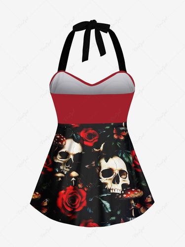 Gothic Skull Mushroom Rose Flower Print Twist Halter Backless Tankini Top