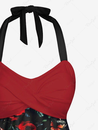 Gothic Skull Mushroom Rose Flower Print Twist Halter Backless Tankini Top