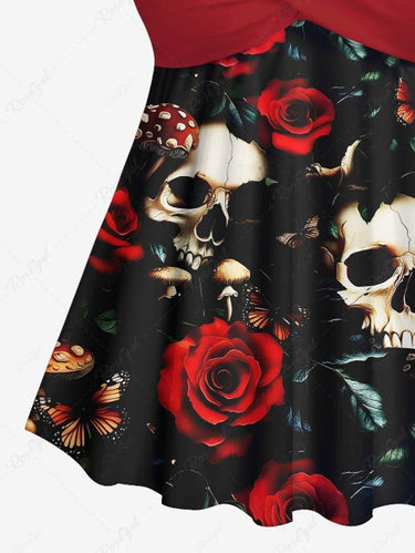 Gothic Skull Mushroom Rose Flower Print Twist Halter Backless Tankini Top
