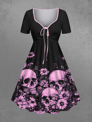 Gothic Plus Size Skull Daisy Flower Print Cinched A Line Dress