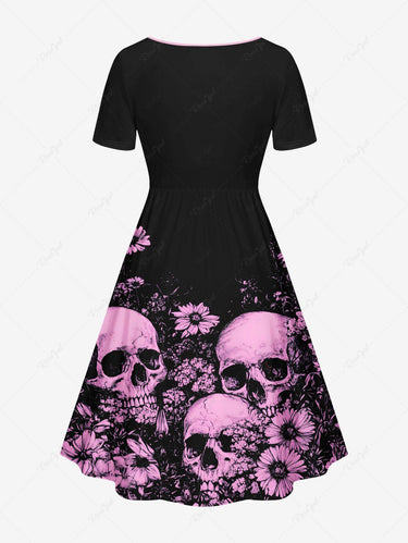Gothic Plus Size Skull Daisy Flower Print Cinched A Line Dress