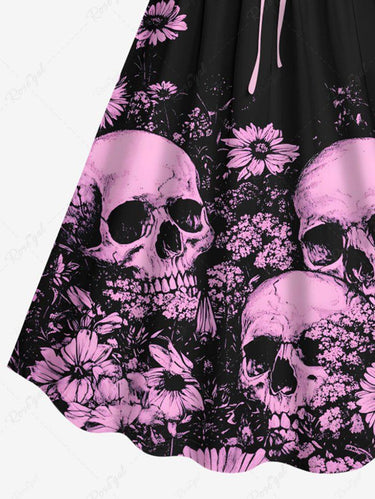 Gothic Plus Size Skull Daisy Flower Print Cinched A Line Dress