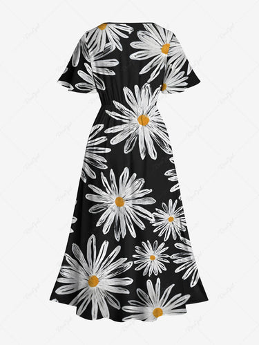 Gothic Plus Size Daisy Flower Print Split Split A Line Midi Dress