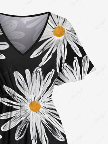 Gothic Plus Size Daisy Flower Print Split Split A Line Midi Dress