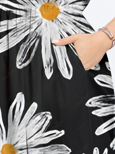 Gothic Plus Size Daisy Flower Print Split Split A Line Midi Dress