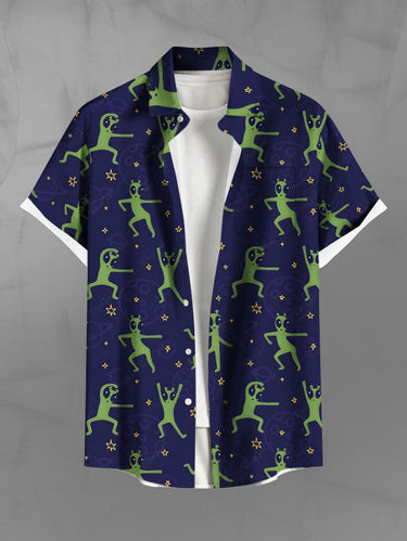 Gothic Plus Size Alien Stars Print Button Pocket Shirt For Men