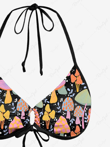 Gothic Colorful Mushroom Leaves Branch Print O-Ring Cinched Halter Backless Bikini Set