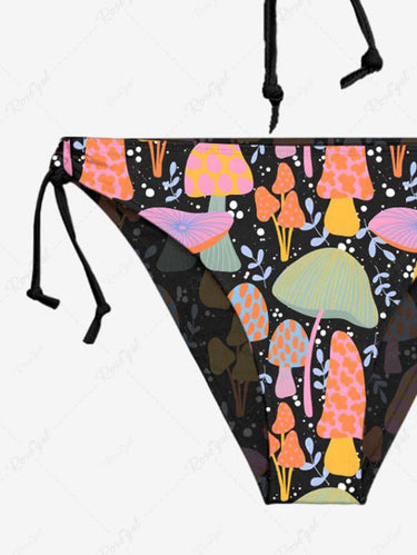 Gothic Colorful Mushroom Leaves Branch Print O-Ring Cinched Halter Backless Bikini Set