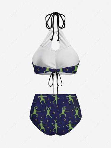 Gothic Alien Stars Print Hollow Out Halter Backless Tankini Swimsuit