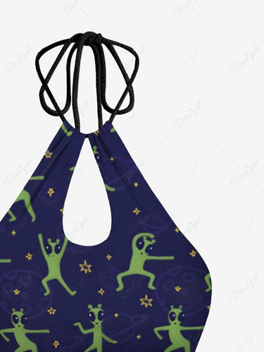 Gothic Alien Stars Print Hollow Out Halter Backless Tankini Swimsuit