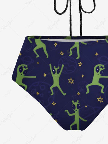 Gothic Alien Stars Print Hollow Out Halter Backless Tankini Swimsuit