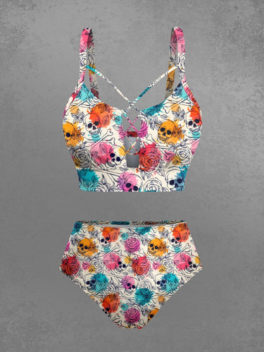 Gothic Skull Bone Rose Flower Watercolor Print Lace Up Tankini Swimsuit (Adjustable Shoulder Strap)