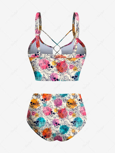 Gothic Skull Bone Rose Flower Watercolor Print Lace Up Tankini Swimsuit (Adjustable Shoulder Strap)