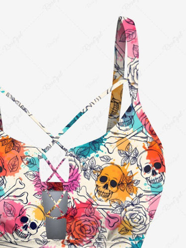 Gothic Skull Bone Rose Flower Watercolor Print Lace Up Tankini Swimsuit (Adjustable Shoulder Strap)