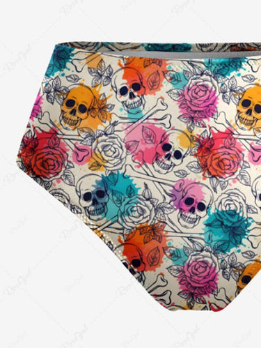 Gothic Skull Bone Rose Flower Watercolor Print Lace Up Tankini Swimsuit (Adjustable Shoulder Strap)