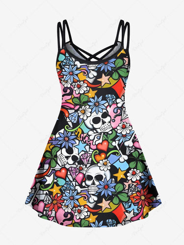 Gothic Plus Size Colorful Skull Floral Leaves Heart Print Crisscross A Line Cami Dress