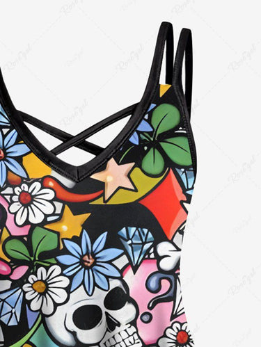 Gothic Plus Size Colorful Skull Floral Leaves Heart Print Crisscross A Line Cami Dress