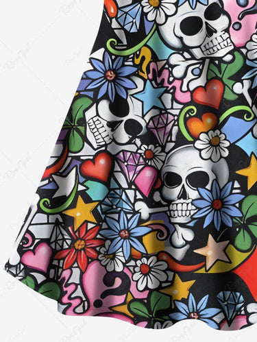 Gothic Plus Size Colorful Skull Floral Leaves Heart Print Crisscross A Line Cami Dress