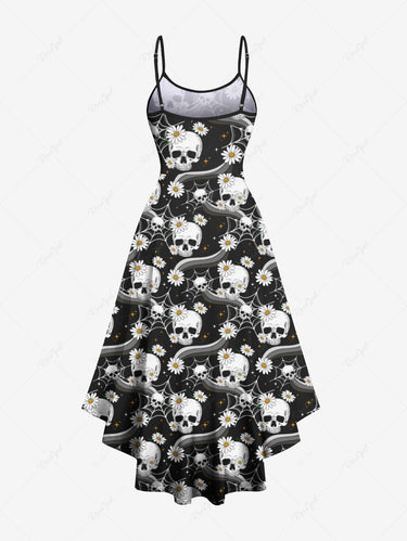 Gothic Plus Size Skull Daisy Flower Spider Web Print High Low Asymmetric Cami Dress