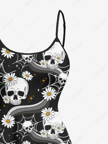 Gothic Plus Size Skull Daisy Flower Spider Web Print High Low Asymmetric Cami Dress