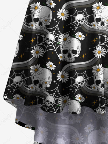 Gothic Plus Size Skull Daisy Flower Spider Web Print High Low Asymmetric Cami Dress