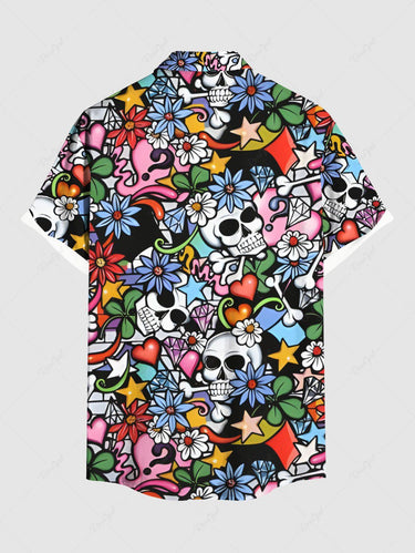 Gothic Plus Size Colorful Skull Floral Leaves Heart Print Button Pocket Shirt For Men