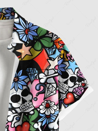 Gothic Plus Size Colorful Skull Floral Leaves Heart Print Button Pocket Shirt For Men