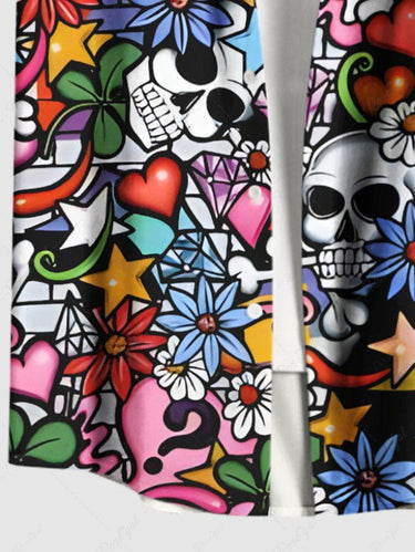Gothic Plus Size Colorful Skull Floral Leaves Heart Print Button Pocket Shirt For Men