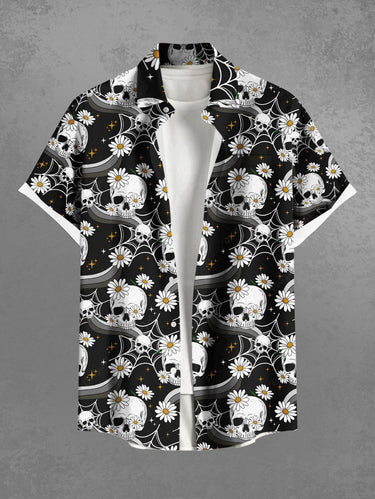 Gothic Plus Size Skull Daisy Flower Spider Web Print Button Pocket Shirt For Men