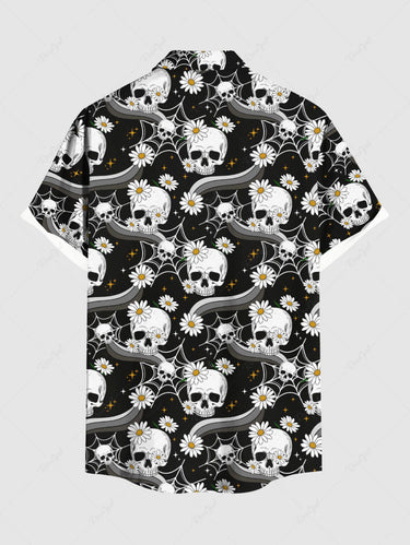 Gothic Plus Size Skull Daisy Flower Spider Web Print Button Pocket Shirt For Men