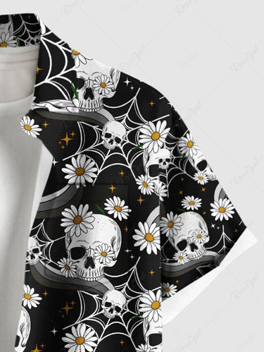 Gothic Plus Size Skull Daisy Flower Spider Web Print Button Pocket Shirt For Men