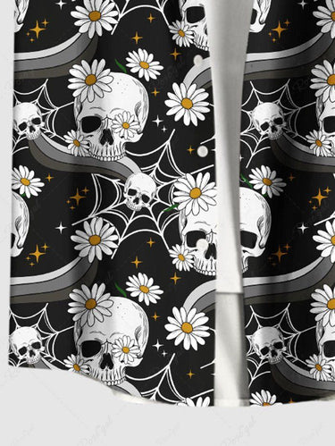 Gothic Plus Size Skull Daisy Flower Spider Web Print Button Pocket Shirt For Men